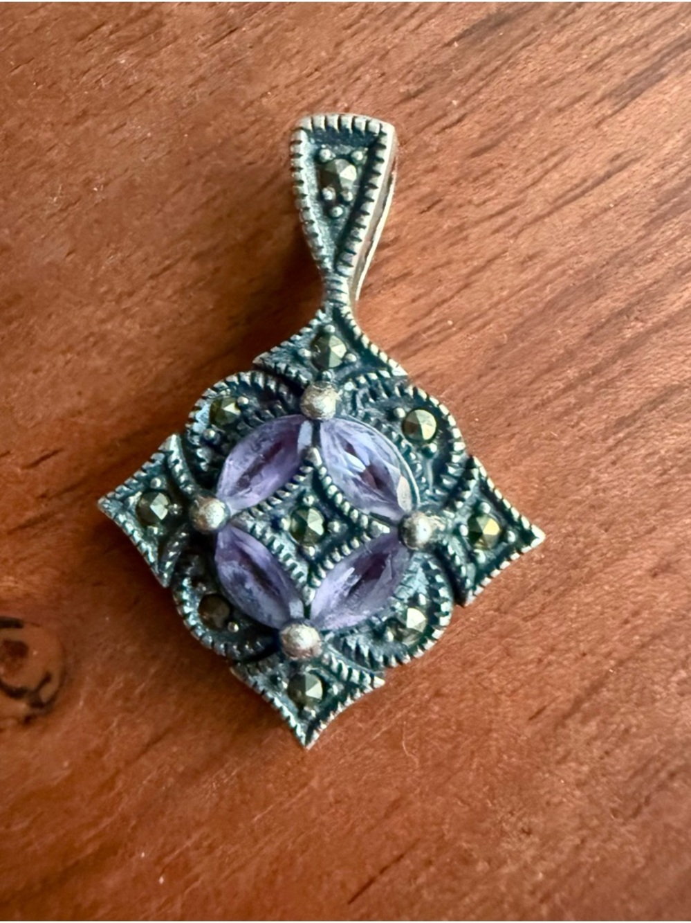 Vtg 925 Sterling Silver JC Filigree Marcasite Amethyst Gemstone Art Deco Pendant